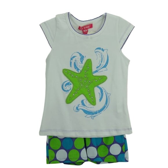 CR Kids Girl 4T Outfit Top Short Starfish Green Blue White Polka Dot Toddler - Picture 1 of 4
